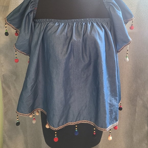 70s denim pom pom shirt - Picture 1 of 3